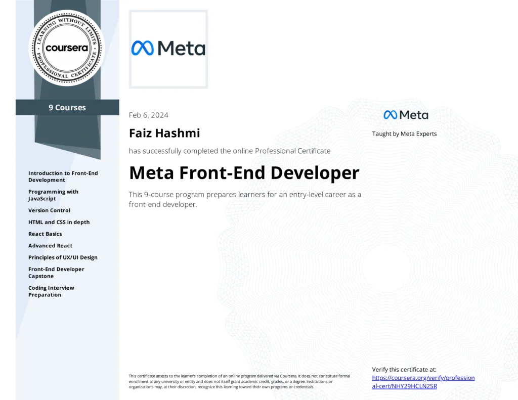 Specialization Certificate Meta Front-End Developer