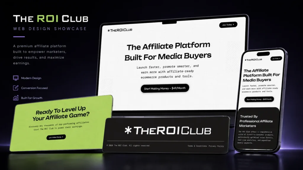 The ROI Club WordPress and Elementor website displayed across responsive devices